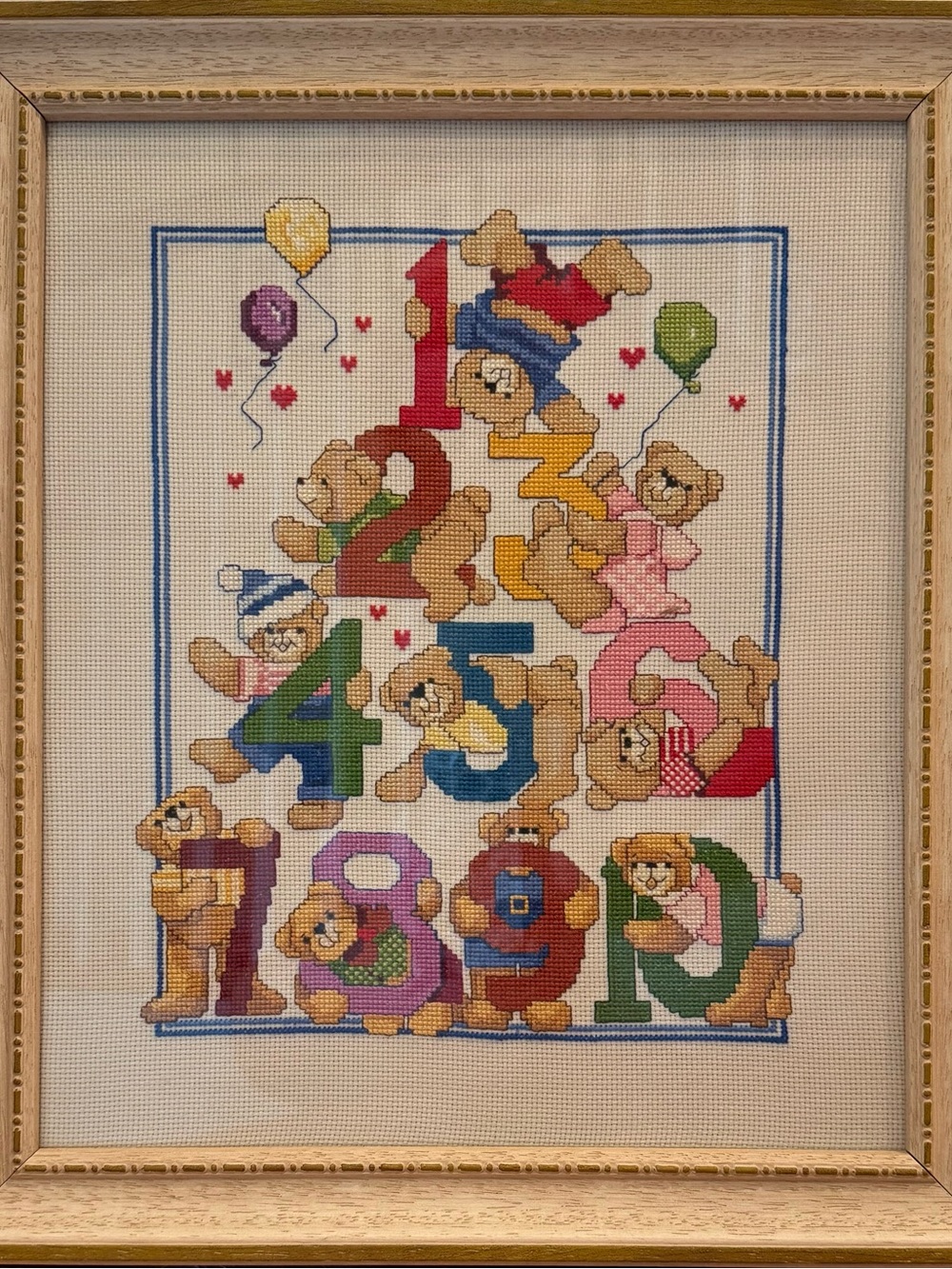 Colorful Bear Numbers Wall Art - Multicolor needlepoint professionally framed